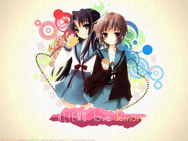 ilustrasi dua gadis anime dengan hamparan teks, alien suka lemon, perempuan, lemon, senyum, Wallpaper HD