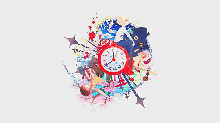 red wall clock painting, anime, clocks, time, HD wallpaper