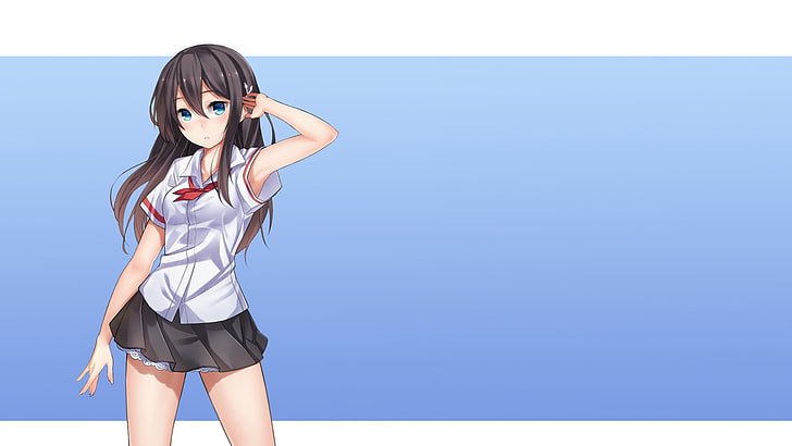 Anime, Anime Girls, einfacher Hintergrund, Schuluniform, schwarze Haare, Rock, lange Haare, originelle Charaktere, blaue Augen, HD-Hintergrundbild