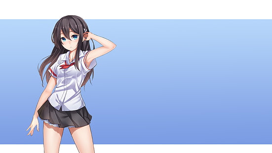 anime, meninas anime, plano de fundo simples, uniforme escolar, cabelo preto, saia, cabelos longos, personagens originais, olhos azuis, HD papel de parede HD wallpaper