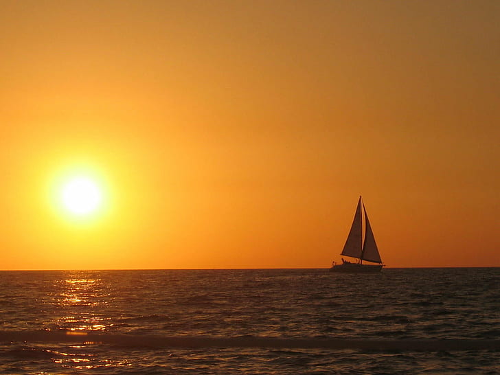 silhouette of sailing boat during golden hour, sunset, silhouette, sailing boat, golden hour, sailboat, los angeles, sloop, sea, sailing, nature, nautical Vessel, summer, sun, sunlight, vacations, sky, water, dusk, HD wallpaper