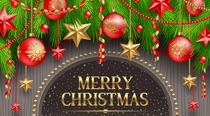 stars, decoration, holiday, balls, Merry Christmas, Christmas, HD wallpaper