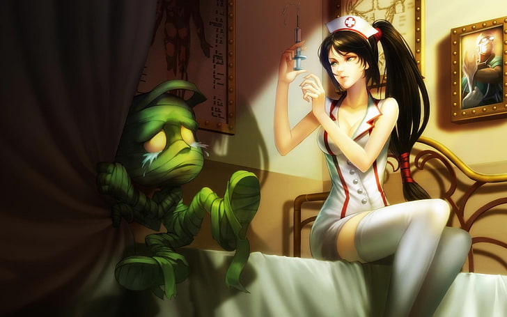 Kunstwerk, Krankenschwester-Outfit, League of Legends, Amumu, Akali, HD-Hintergrundbild