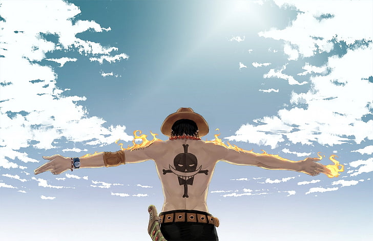 one piece, portgas d. ace, flame, back view, clouds, strawhat, tattoo, Anime, HD wallpaper