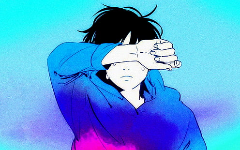 karya seni, DubstepGutter, sederhana, latar belakang sederhana, anime, anak laki-laki anime, biru, seni digital, pink, Wallpaper HD HD wallpaper