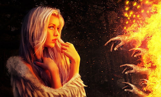 ogień, ręce, kobiety, dzieło sztuki, fantasy art, Miranda Hedman, platynowa blondynka, Tapety HD HD wallpaper