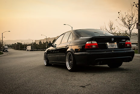 черен BMW седан, път, светлини, тунинг, BMW, черен, bbs, стойка, bmw e39, HD тапет HD wallpaper