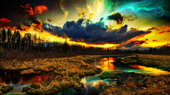 grüne Kiefern, digitale Kunst, Natur, Fluss, Wolken, Sterne, Wald, bunt, Landschaft, HD-Hintergrundbild HD wallpaper