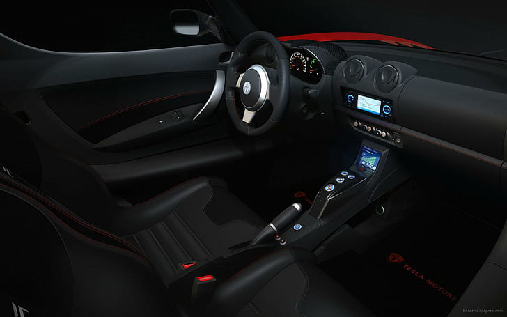 Tesla Roadster Sport интериор, черен автомобил, интериор, роудстър, спорт, tesla, автомобили, HD тапет