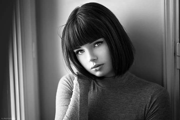 model, portrait, black and white, beauty, bokeh, Lods Franck, Marie Grippon, HD wallpaper