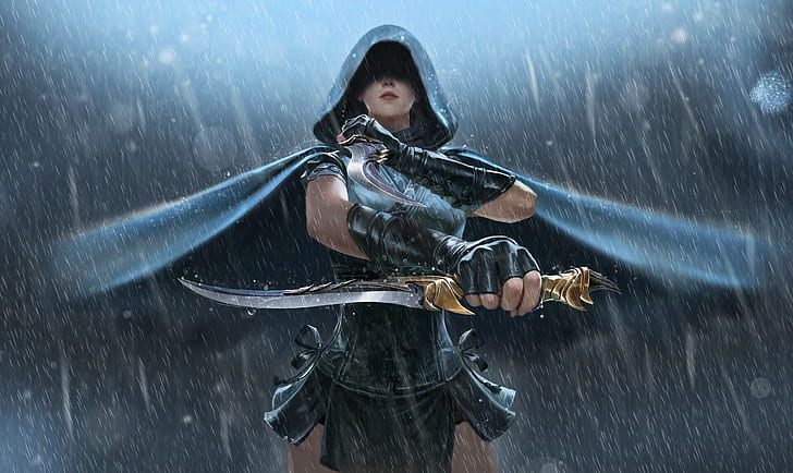 Fantasy, Women Warrior, Dagger, Girl, Hood, Rain, Woman Warrior, HD tapet