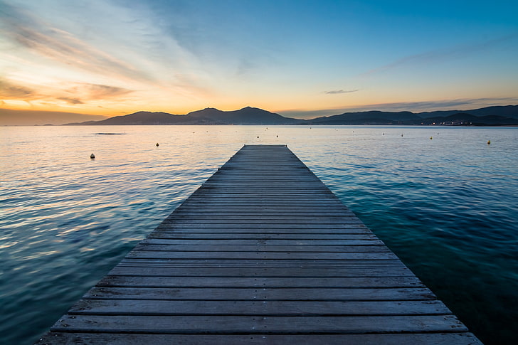 gray wooden dock, sunset, sea, Corsica, pier, mountains, HD wallpaper