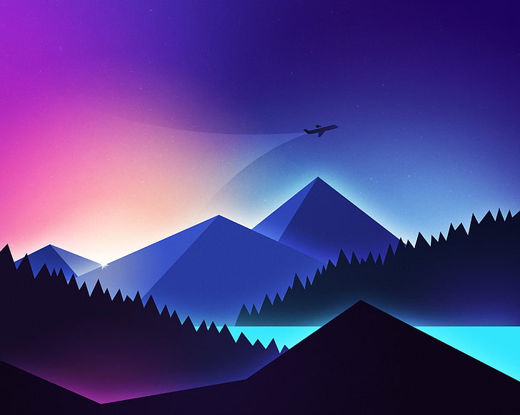 Pesawat, Lanskap, Vibrant, Neon, Pegunungan, Wallpaper HD