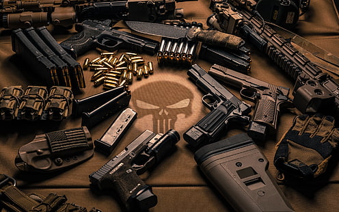 Guns Ammo Knife Weapon, plusieurs fusils, guerre et armée, arme de poing, guerre, pistolet, armée, couteau, munitions, Fond d'écran HD HD wallpaper