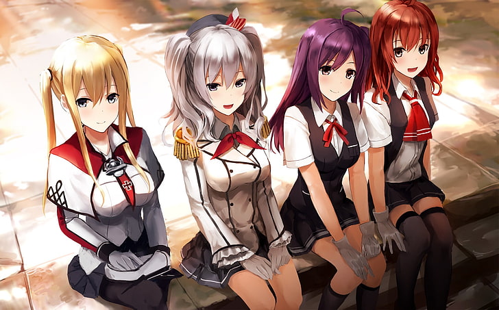anime feminino, meninas anime, coleção Kantai, Arashio (KanColle), Graf Zeppelin (KanColle), Hagikaze (KanColle), Kashima (KanColle), uniforme escolar, anime, HD papel de parede
