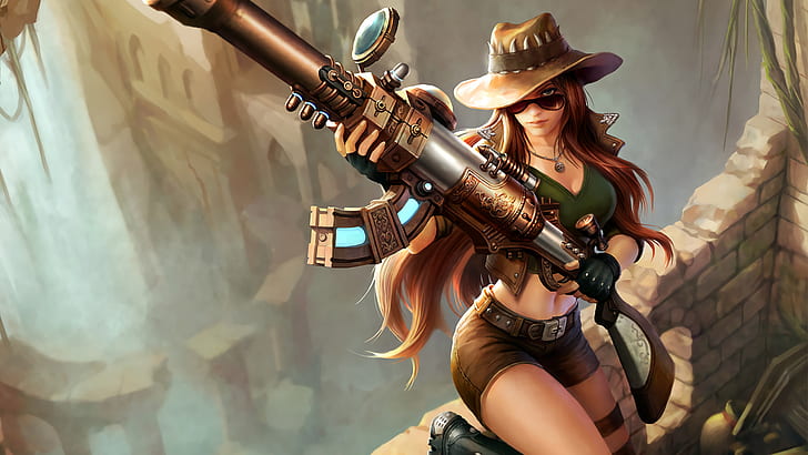 League of Legends, Caitlyn (League of Legends), PC gaming, gun, weapon, necklace, video games, HD wallpaper