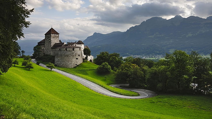 hairpin turns, mountains, trees, nature, forest, road, grass, hills, architecture, field, Liechtenstein, landscape, clouds, castle, HD wallpaper