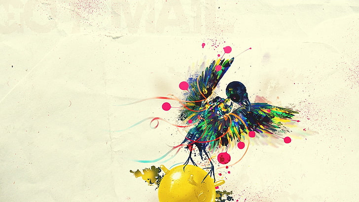 bird holding yellow ball painting, graphic design, HD wallpaper