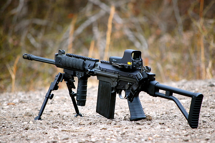 rifle de asalto negro, armas, grava, rifle de asalto, FN FAL, Fondo de pantalla HD