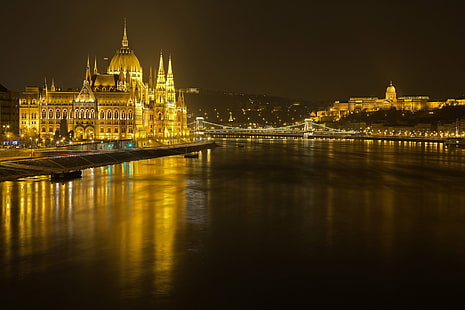 Monument, ungerska parlamentsbyggnaden, Budapest, Chain Bridge, Donau, Ungern, ljus, natt, HD tapet HD wallpaper