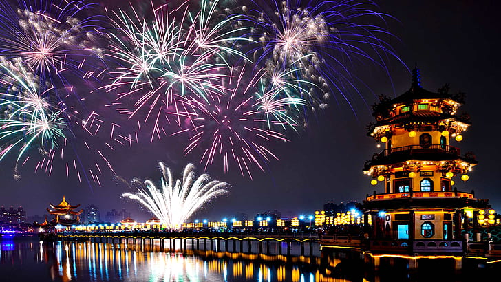 saluto, Capodanno, Taiwan, fuochi d'artificio, Kaohsiung, Lotus Lake, Sfondo HD