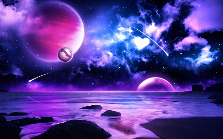 Фиолетовая планета Метеоры в космосе, Фиолетовый, Планета, Метеор, Космос, HD обои