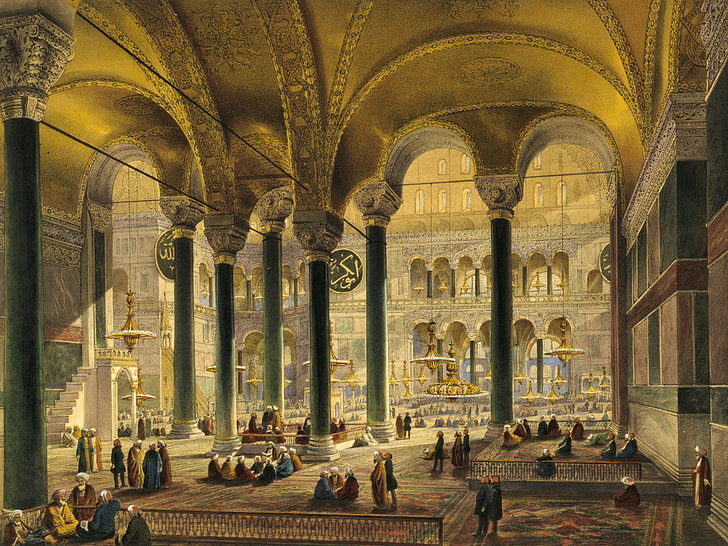 mahkota dalam lukisan kubah beige, interior, masjid, Museum, Istanbul, Turki, Hagia Sophia,, Sementara Agia Sophia, Wallpaper HD