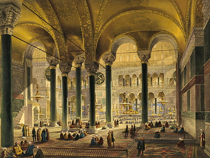 krona i beige kupolmålning, interiör, moské, museum, Istanbul, Turkiet, Hagia Sophia,, medan Agia Sophia, HD tapet HD wallpaper