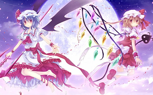 Anime, Touhou, Flandre Scarlet, Çiçek, Ay, Gece, Remilia Scarlet, Gökyüzü, Kanatlar, HD masaüstü duvar kağıdı HD wallpaper