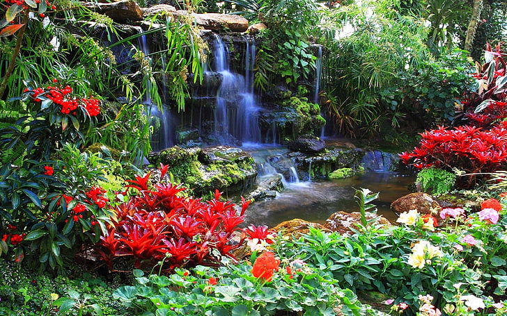 Ilha de Vancouver Colúmbia Britânica Canadá Cachoeira no orçamento Jardins Ornamentais com variedade Flores vermelhas Rochas Verde Bela cachoeira HD 3840 × 2400, HD papel de parede