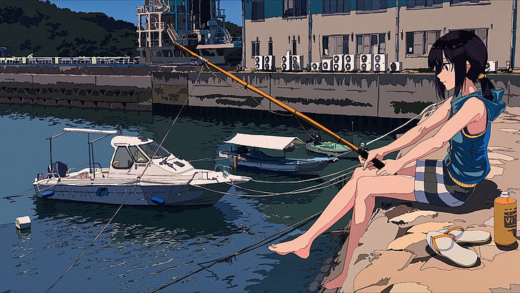 siyah saçlı kadın anime karakter çizimi, balık tutma, yalınayak, deniz, tekne, anime girls, anime, HD masaüstü duvar kağıdı