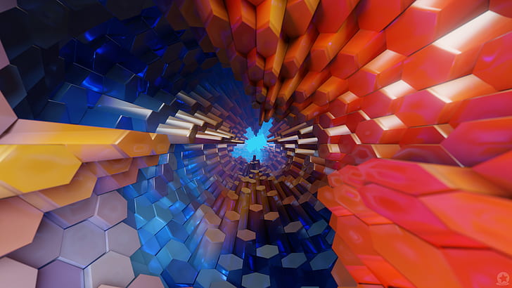 tunnel, colorful, hexagon, abstract, 3D, HD wallpaper