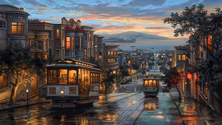 digital painting, cable car, San Francisco, clouds, sunset, trees, HD wallpaper