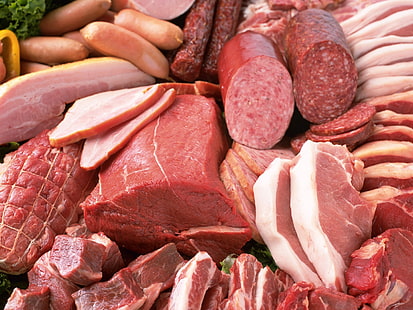 нарезанное мясо, мясо, колбаса, ломтики, ассорти, сорта, HD обои HD wallpaper