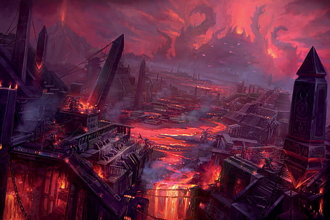 tapeta cyfrowa spalonych budynków, World of Warcraft, fantasy art, gry wideo, Tapety HD HD wallpaper
