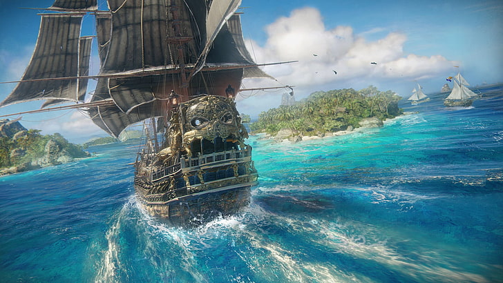 cartel de barco gris, videojuegos, Skull and Bones, barco, piratas, mar, agua, isla, cráneo, Fondo de pantalla HD