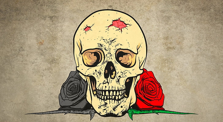 beige and red skull painting, skull, flowers, rose, artwork, HD wallpaper