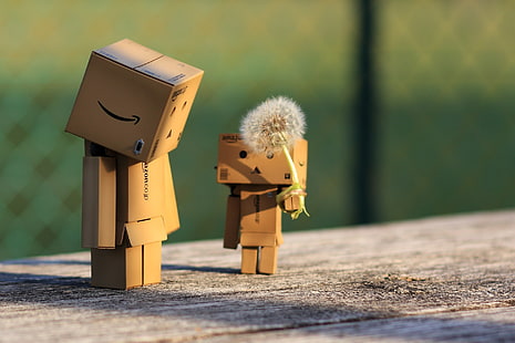 two brown carton figures, danbo, cardboard robot, dandelion, HD wallpaper HD wallpaper