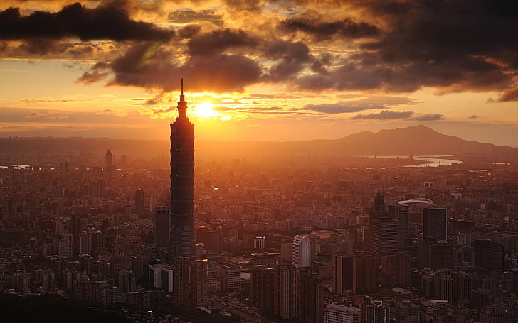 Städte, Stadt, Architektur, Gebäude, China, Stadtansicht, Licht, Nacht, Wolkenkratzer, Sonnenuntergang, Taipeh, Taipei 101, Taiwan, HD-Hintergrundbild