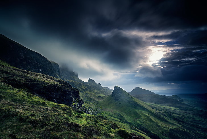 green grass covered mountain range, Scotland, clouds, hills, sea, green, grass, nature, landscape, UK, HD wallpaper