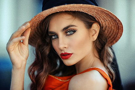 women, brunette, hat, face, portrait, blue eyes, red lipstick, eyeshadow, bokeh, Alessandro Di Cicco, HD wallpaper HD wallpaper