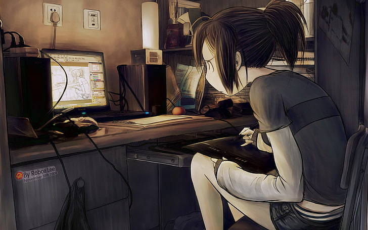 жена аниме герой, оригинални герои, аниме момичета, графични таблети, брюнетка, мета, компютър, аниме, HD тапет