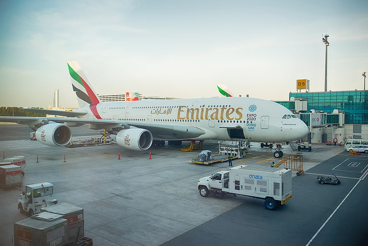 white Emirates passenger plane, the plane, giant, before, Dubai, jet, Emirates, UAE, bokeh, passenger, Airbus, training, terminal, airliner, airlines, wallpaper., double deck, four-engined, A380-800, departure, HD wallpaper