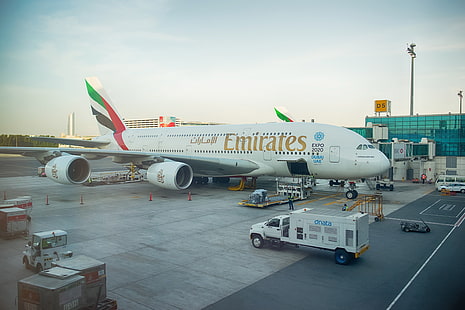 white Emirates passenger plane, the plane, giant, before, Dubai, jet, Emirates, UAE, bokeh, passenger, Airbus, training, terminal, airliner, airlines, wallpaper., double deck, four-engined, A380-800, departure, HD wallpaper HD wallpaper