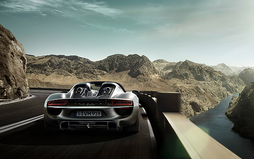 Зашеметяващ, 2015, Porsche 918 Spyder, път, заден изглед, зашеметяващ, 2015, porsche 918 spyder, път, заден изглед, HD тапет HD wallpaper
