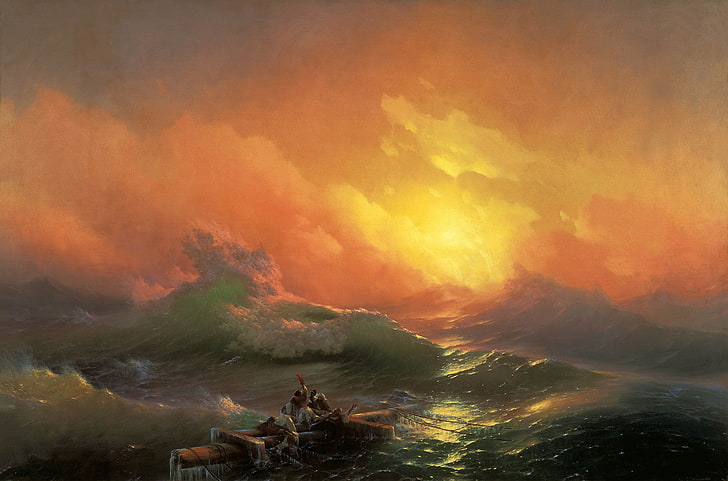 kapal kayu galleon coklat, laut, badai, Gelombang kesembilan, Aivazovsky, Wallpaper HD