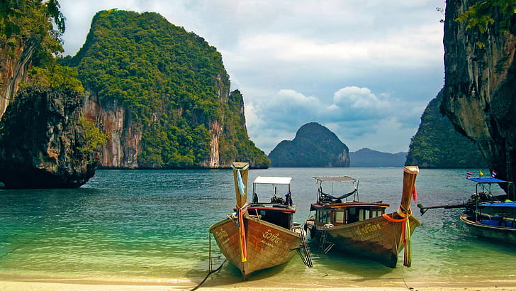 태국 남부의 크라비 지방 서해안 바위 석회암 두꺼운 맹그로브 숲 해변 섬 풍경 벽지 Hd 1920 × 1080, HD 배경 화면