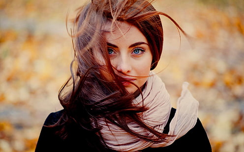 женский белый шарф, женщины, голубые глаза, рыжая, анн неврева, волосы в лицо, наталья, смотрит на зрителя, шарф, глубина резкости, HD обои HD wallpaper