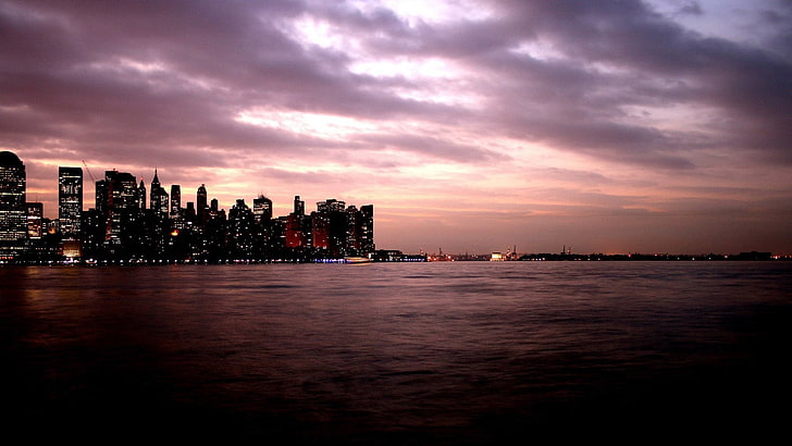 landscape, cityscape, dusk, city lights, purple sky, HD wallpaper