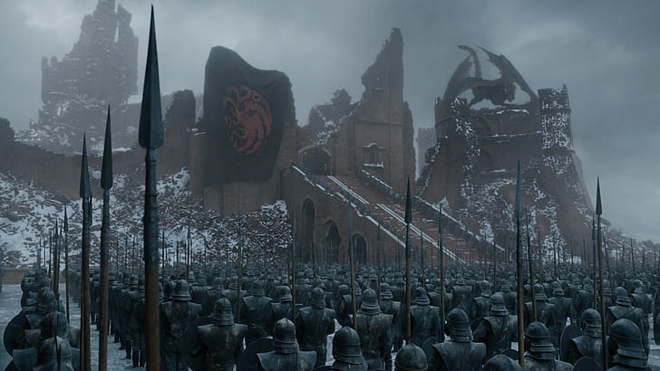 Gra o tron, Dom Targaryenów, smok, armia, włócznia, śnieg, Tapety HD